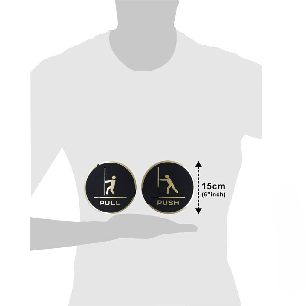 Black & Gold PUSH & PULL Round Door Sign – Premium Acrylic Self-Adhesive Instruction Sign