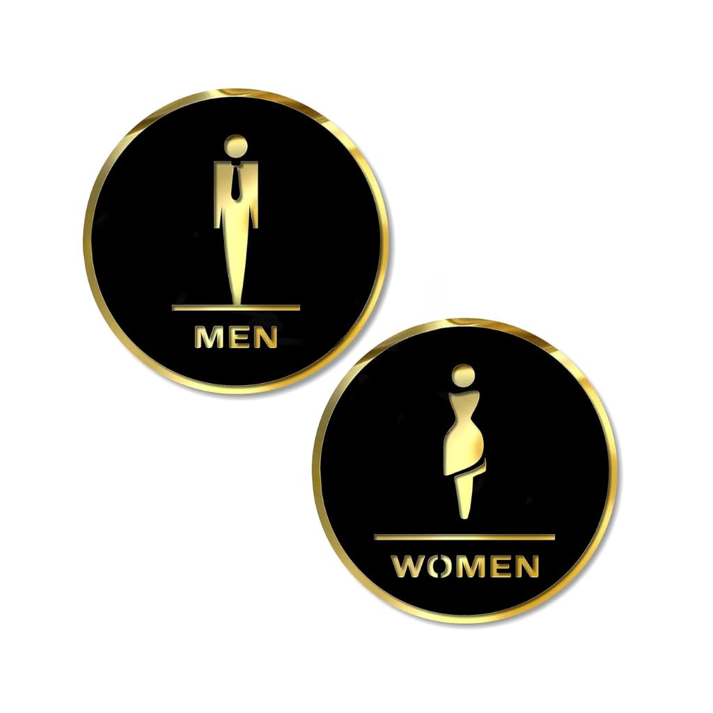 Black & Gold Men & Women Washroom Sign – Premium Acrylic Restroom Sign with 3M Self-Adhesive