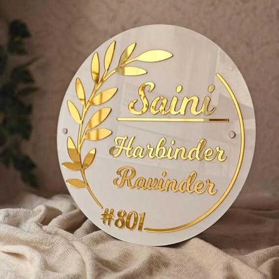 Personalized White Acrylic Nameplate with Premium Golden Acrylic Letters & Leaf Design