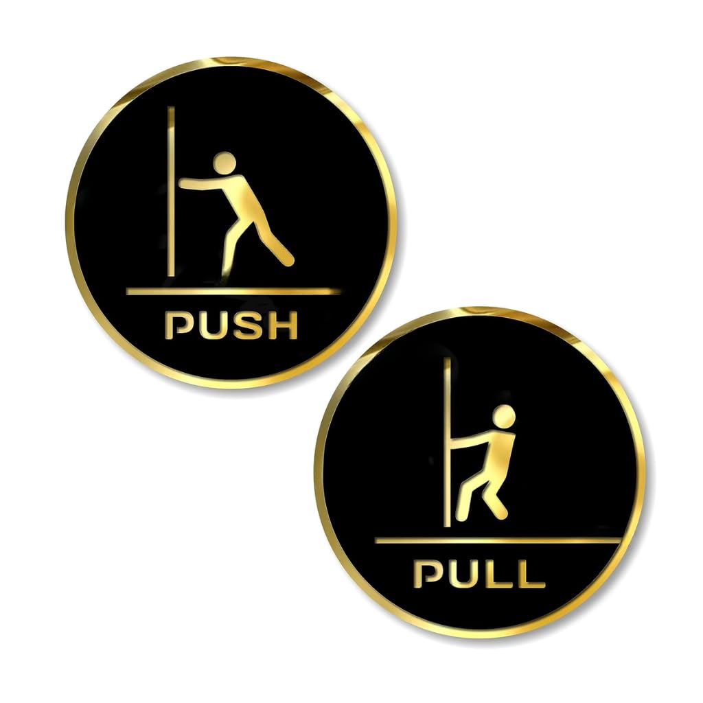 Black & Gold PUSH & PULL Round Door Sign – Premium Acrylic Self-Adhesive Instruction Sign