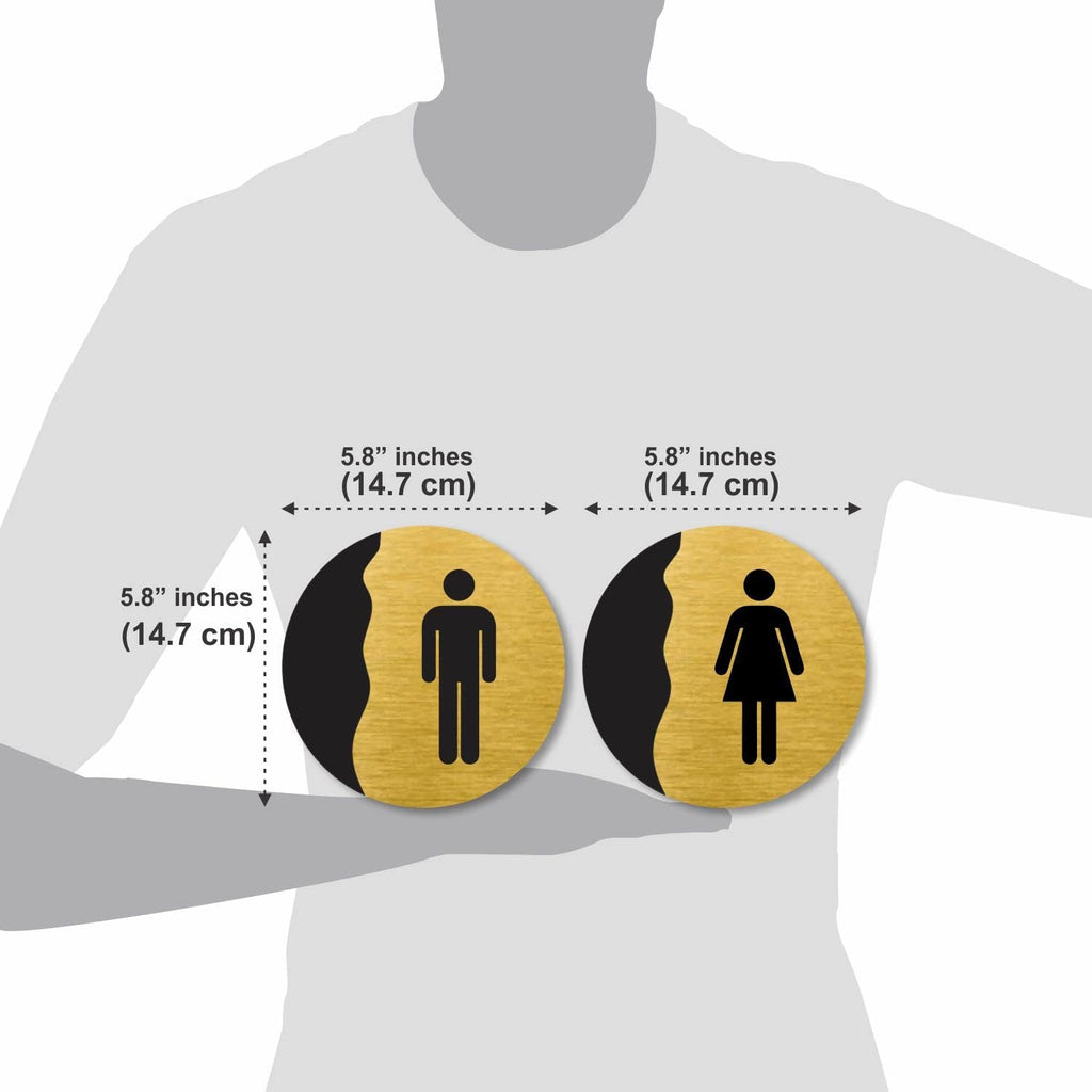 Brushed Gold Acrylic Washroom Sign – MEN & WOMEN Restroom Plate with Symbols | Easy 3M Tape Mount
