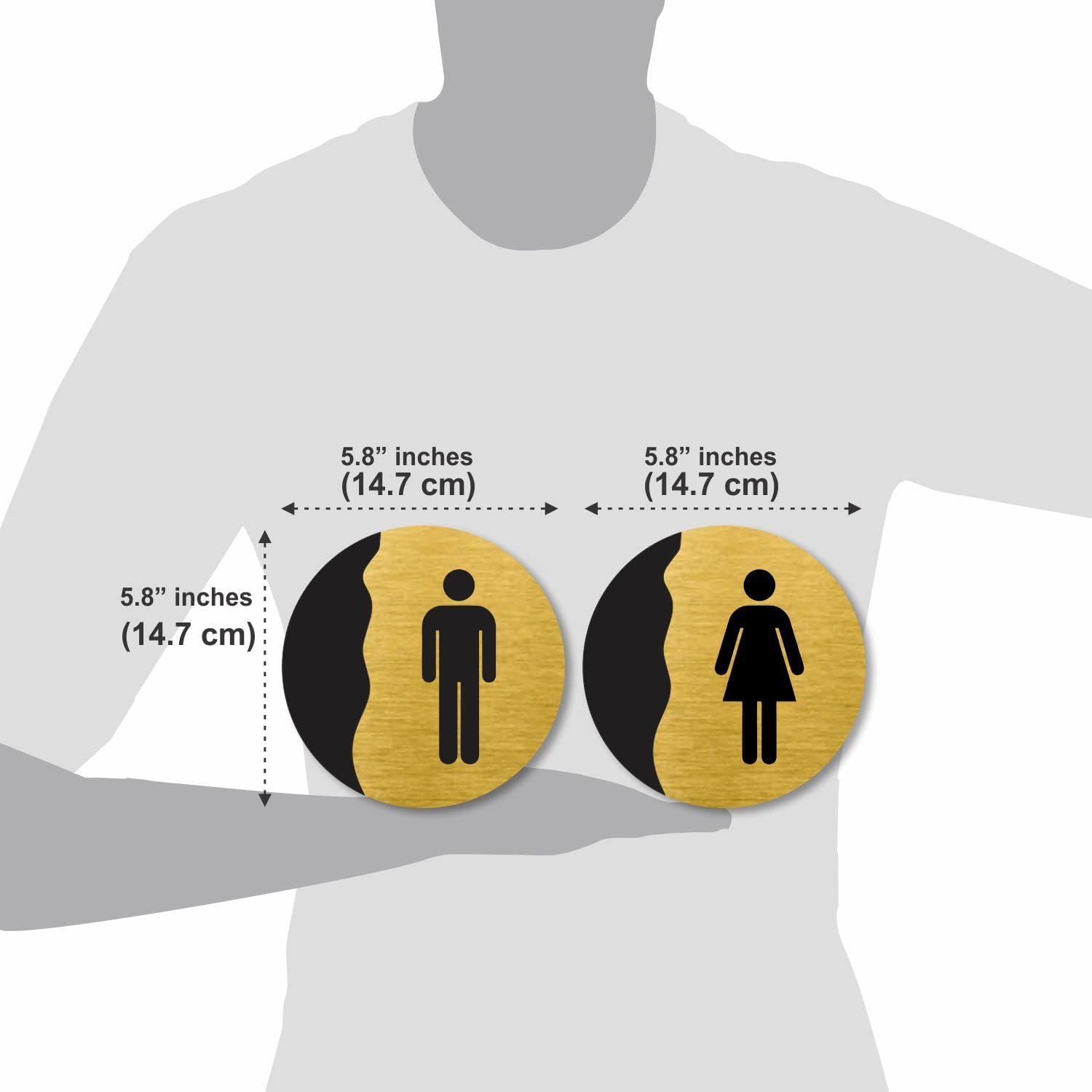 Brushed Gold Acrylic Washroom Sign – MEN & WOMEN Restroom Plate with Symbols | Easy 3M Tape Mount