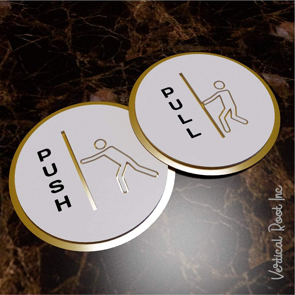 White & Gold Push & Pull Round Door Sign – Premium Quality Instruction Sign