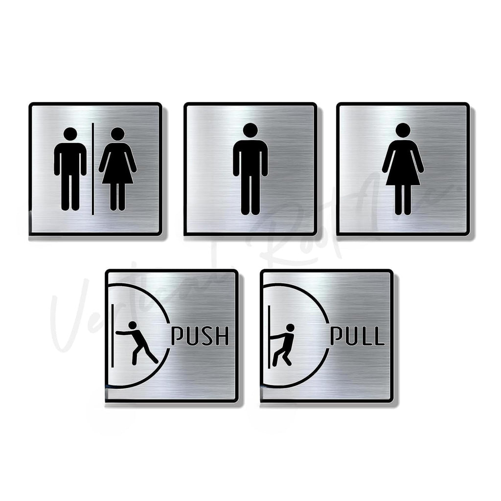 Premium Brush Steel Finish Acrylic Restroom Sign Set | Men Women Push Pull