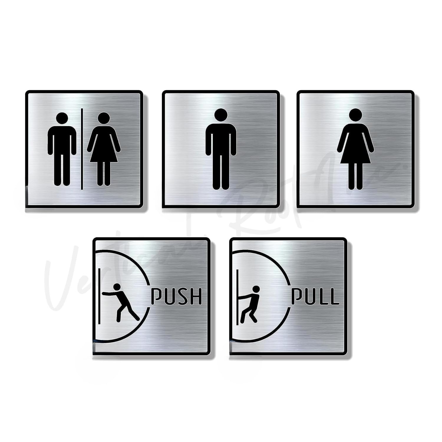 Premium Brush Steel Finish Acrylic Restroom Sign Set | Men Women Push Pull