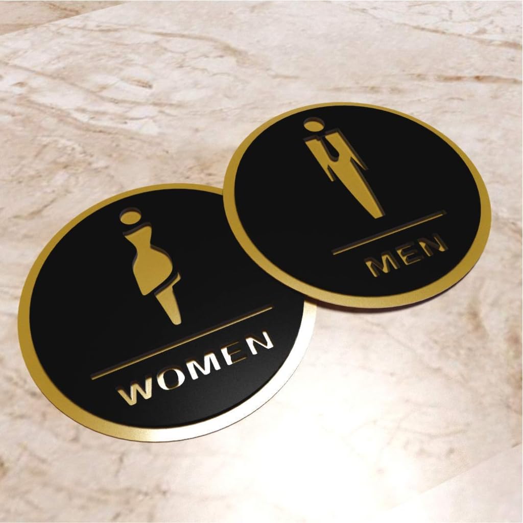 Black & Gold Men & Women Washroom Sign – Premium Acrylic Restroom Sign with 3M Self-Adhesive