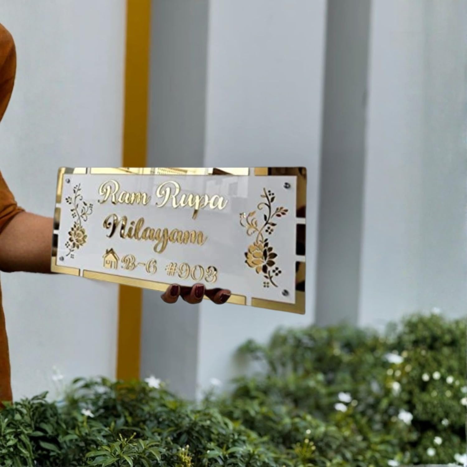 Golden & White Base with Laser Cut Acrylic Letters | Stylish Personalized Wall Door Plate