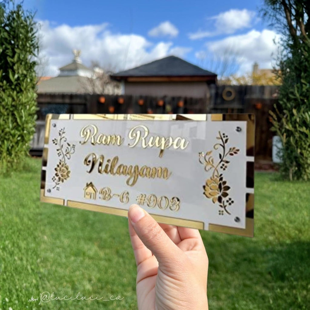 Golden & White Base with Laser Cut Acrylic Letters | Stylish Personalized Wall Door Plate