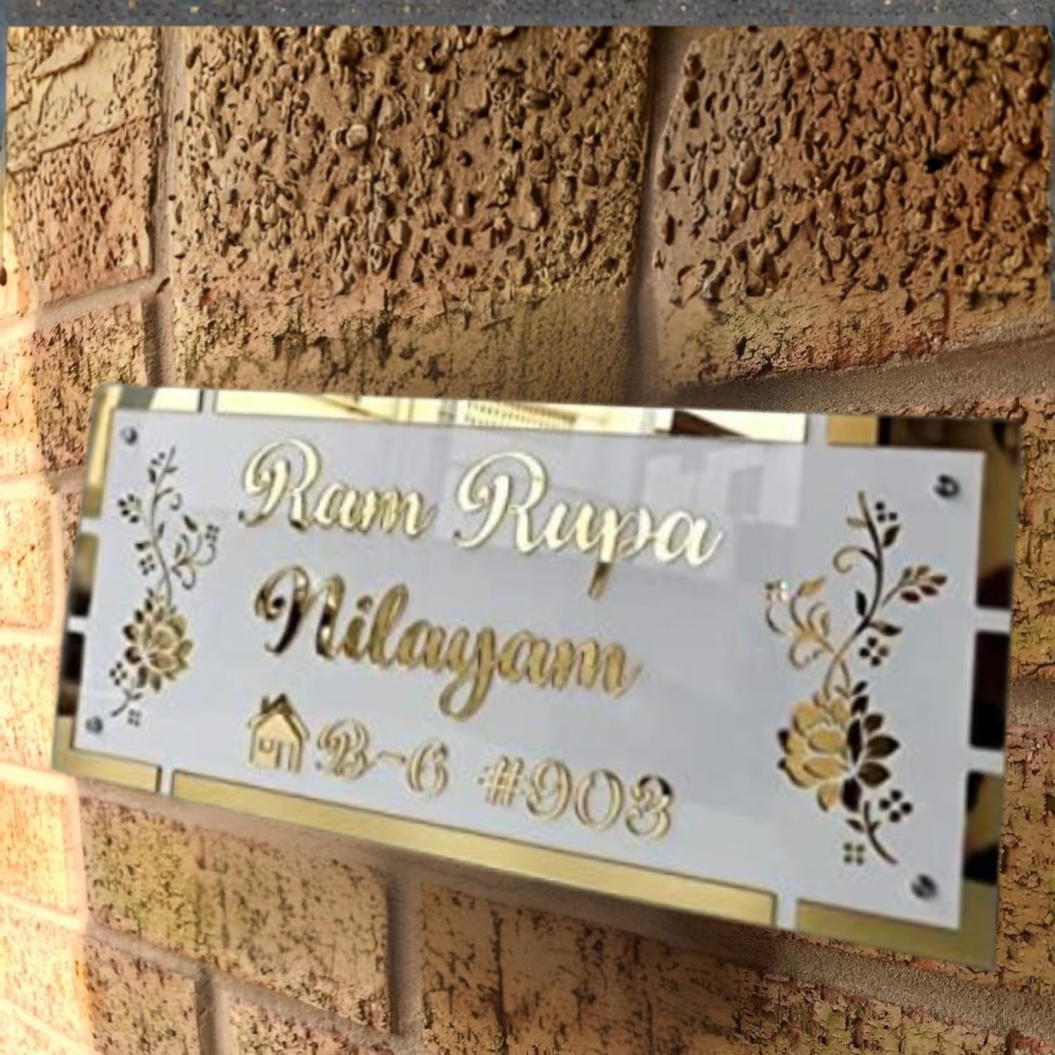 Golden & White Base with Laser Cut Acrylic Letters | Stylish Personalized Wall Door Plate