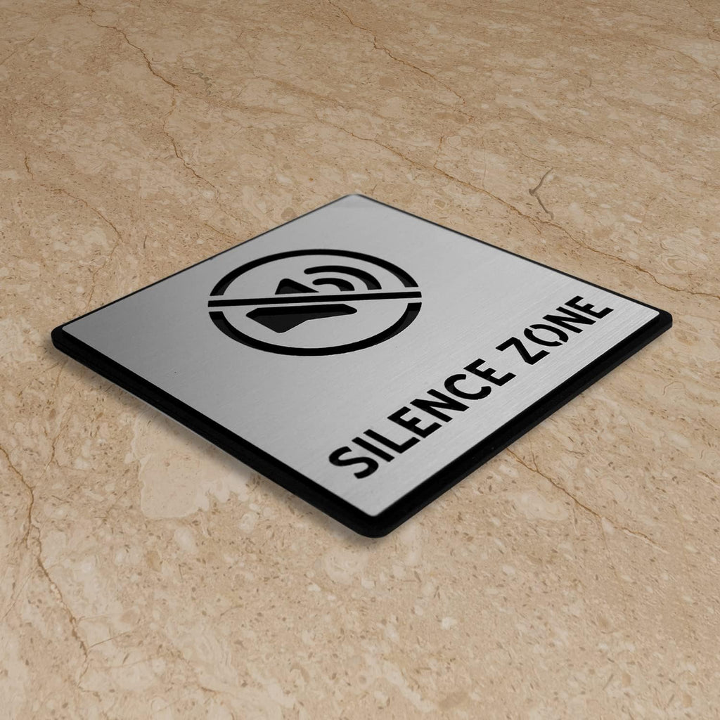 Premium Brushed Silver Finish Acrylic SILENCE ZONE Sign | Modern Office Signage