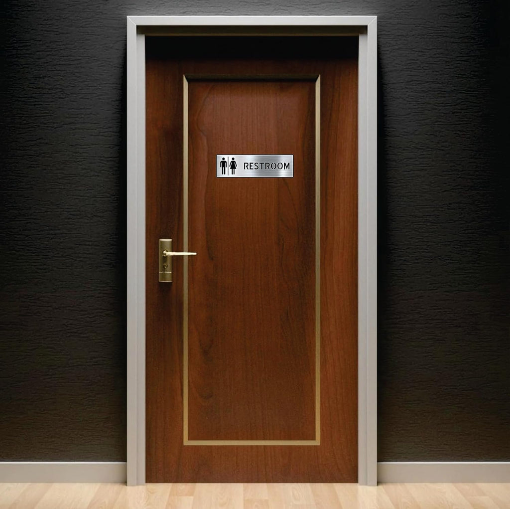 Premium Brushed Steel Finish Acrylic Restroom Door Sign | 10 x 3 Inch