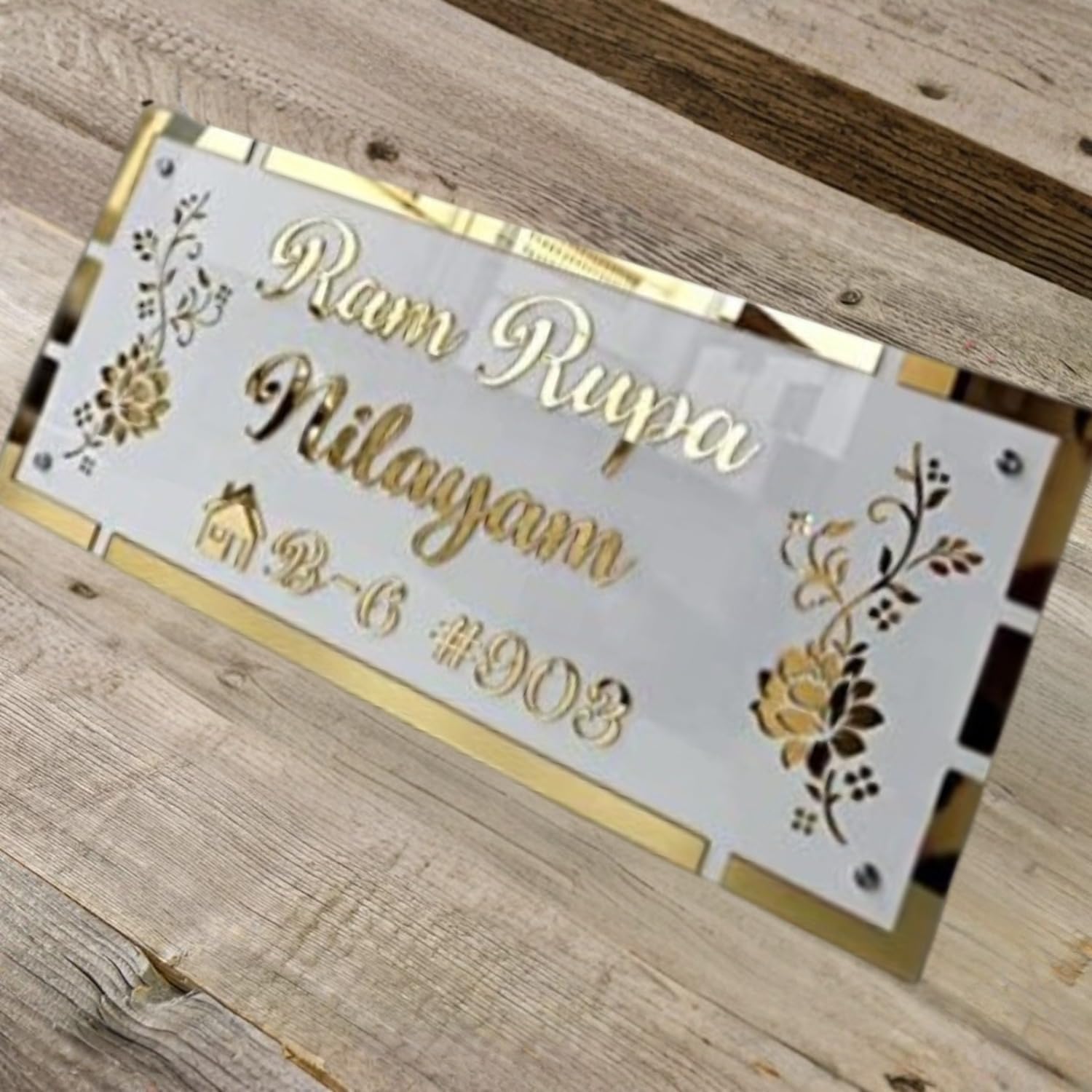 Golden & White Base with Laser Cut Acrylic Letters | Stylish Personalized Wall Door Plate