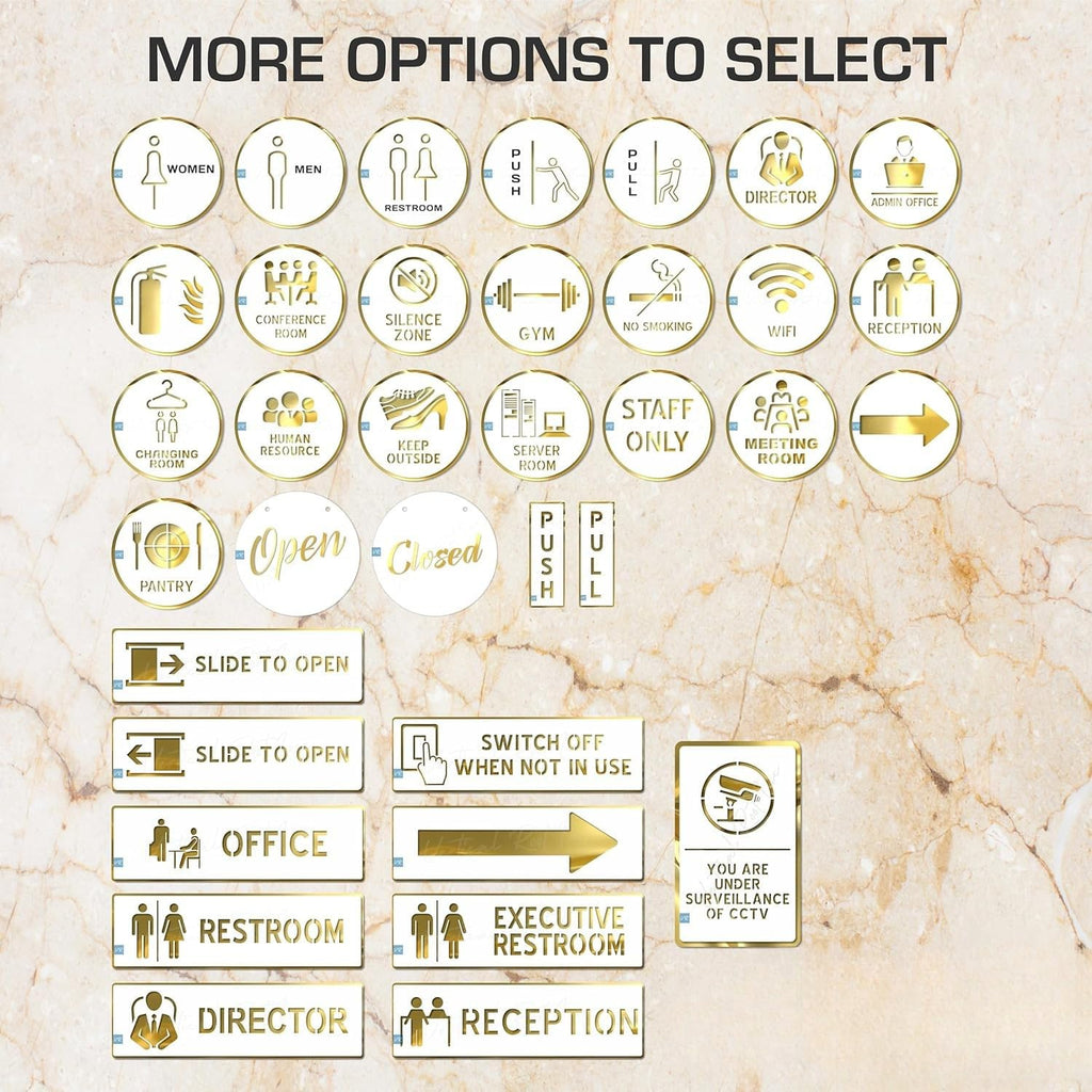 Matte White & Gold Washroom Sign – Men & Women Acrylic Door Sign with Self-Adhesive